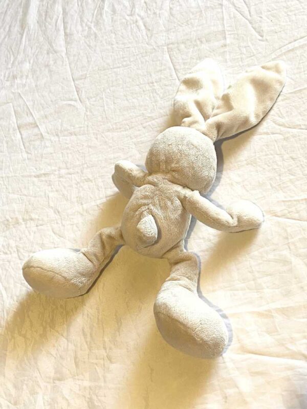 Arrière doudou petit lapin beige intérieur oreilles museau blancs