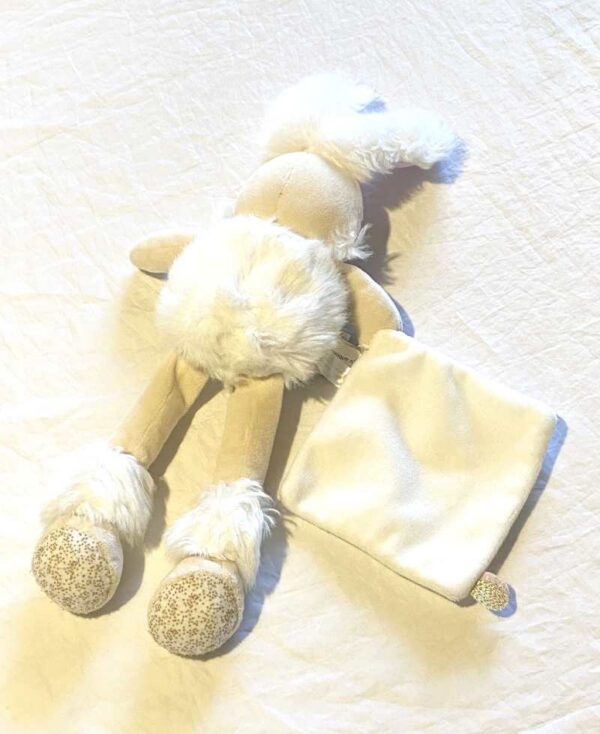 Arrière peluche normale grand lapin beige veste motifs dorés mouchoir blanc main