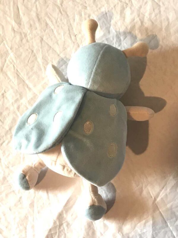 Arrière peluche normale petite coccinelle beige bleu ailes bleues pois blancs