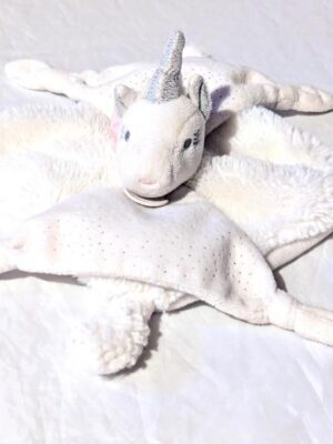 Doudou petite licorne blanche oreilles corne pailletés