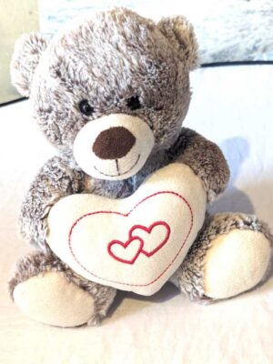 Peluche normale petit ourson gris gros coeur blanc contours coeurs rouges intérieur