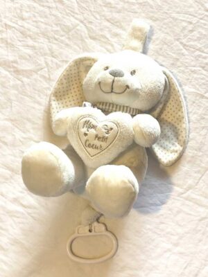 Peluche normale lapin blanc musical petit coeur écharpe rayée poignée blanche